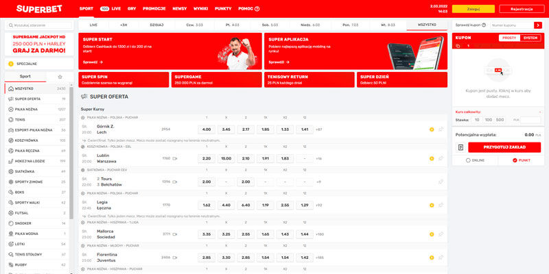 Zrzut ekranu strony sportowej bukmachera Superbet